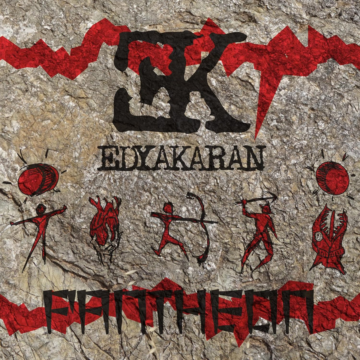 CD cover for Edyakaran’s “Pantheon” with cave painting-style figures.