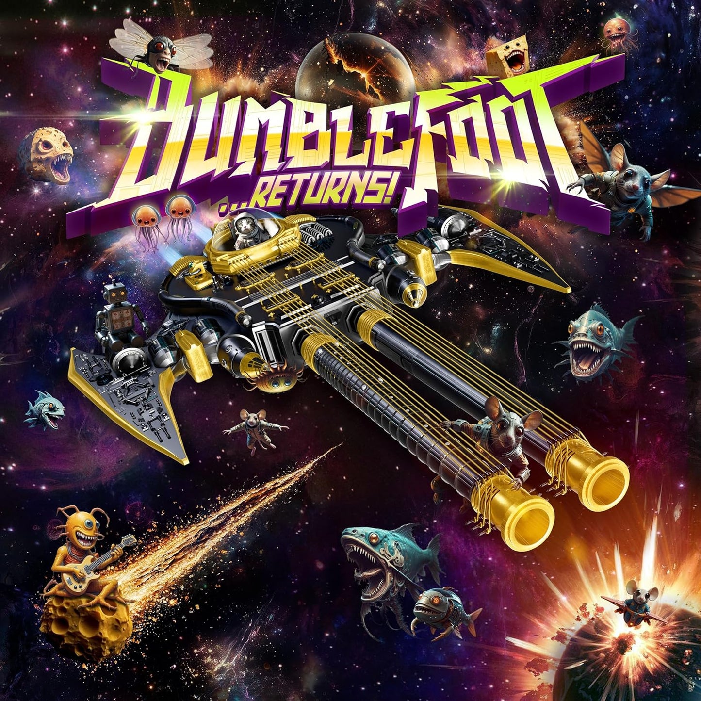 Album cover for "Bumblefoot - Returns" featuring a spaceship and creatures in space.