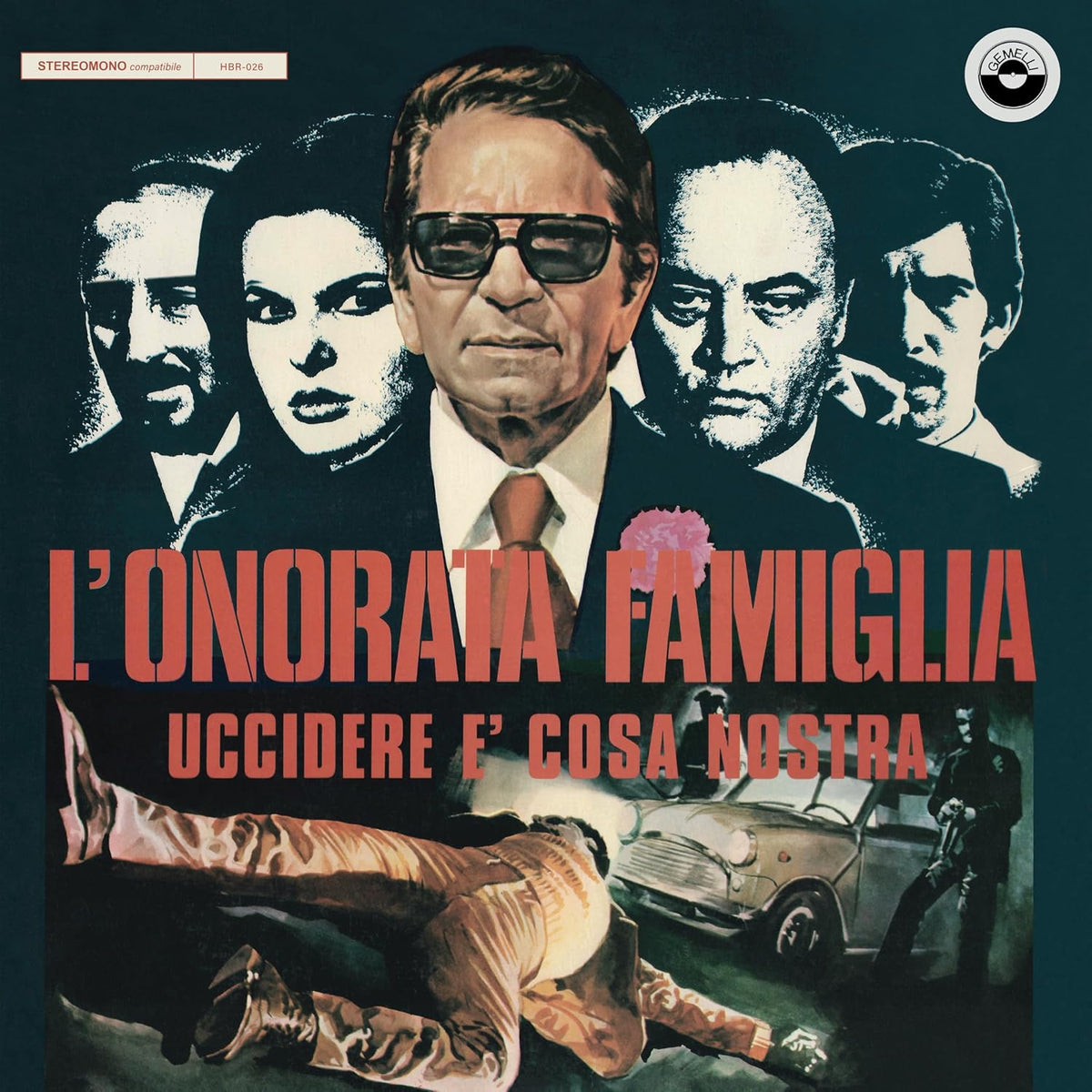 Vintage record cover depicting four serious-faced people and a car.