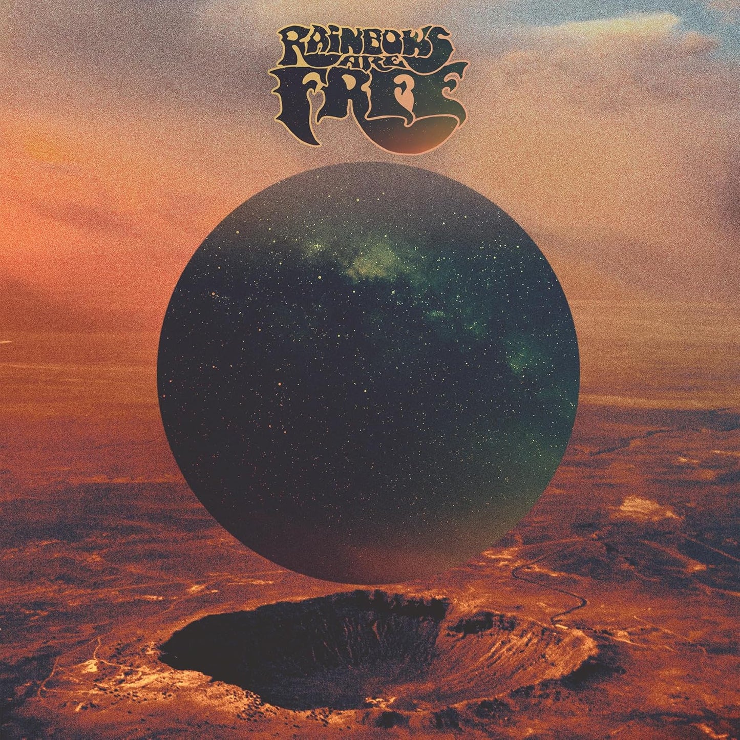 Album cover with text, a dark sphere, and textured orange landscape.