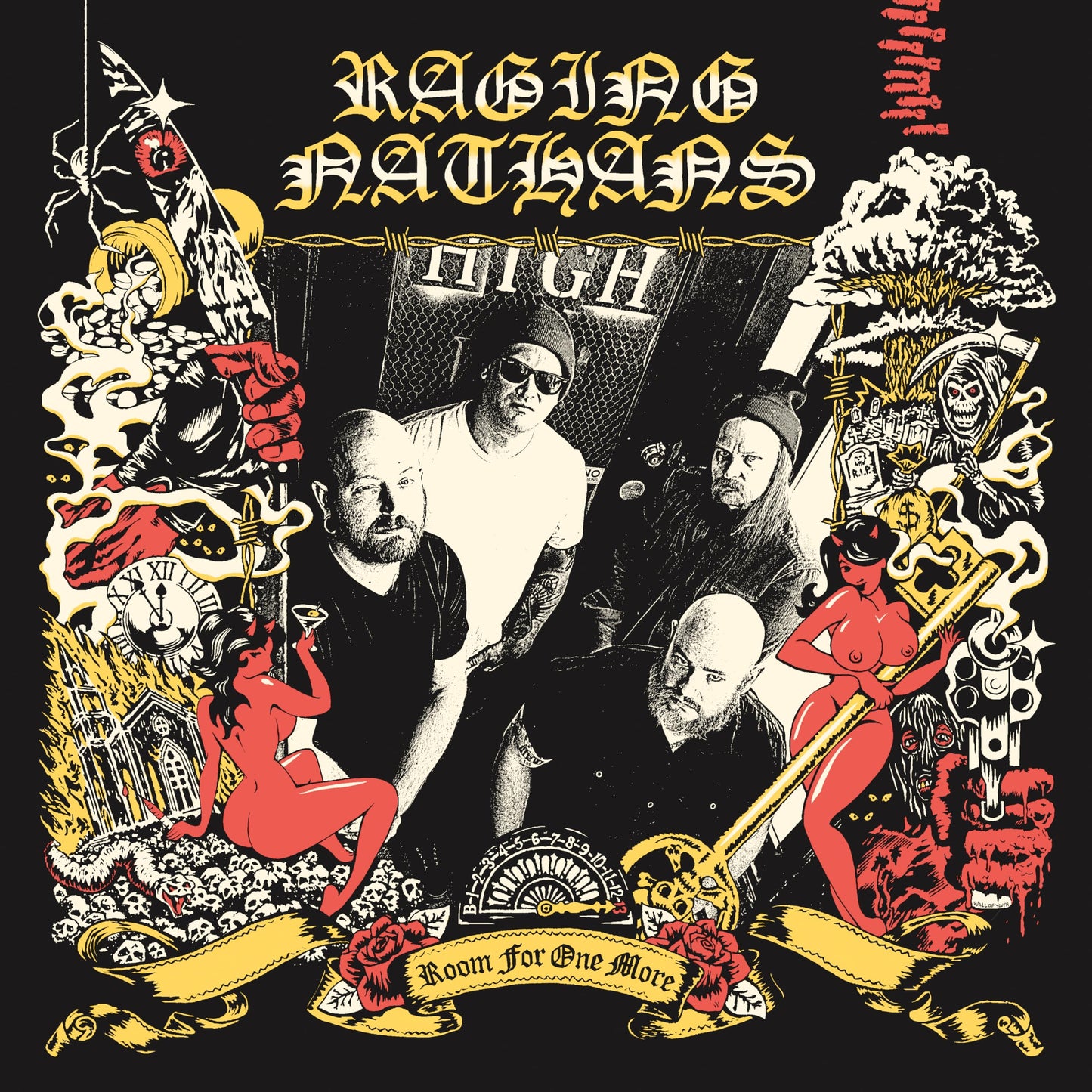 Raging Nathans vinyl album cover: band portrait with ornate, dark illustration.