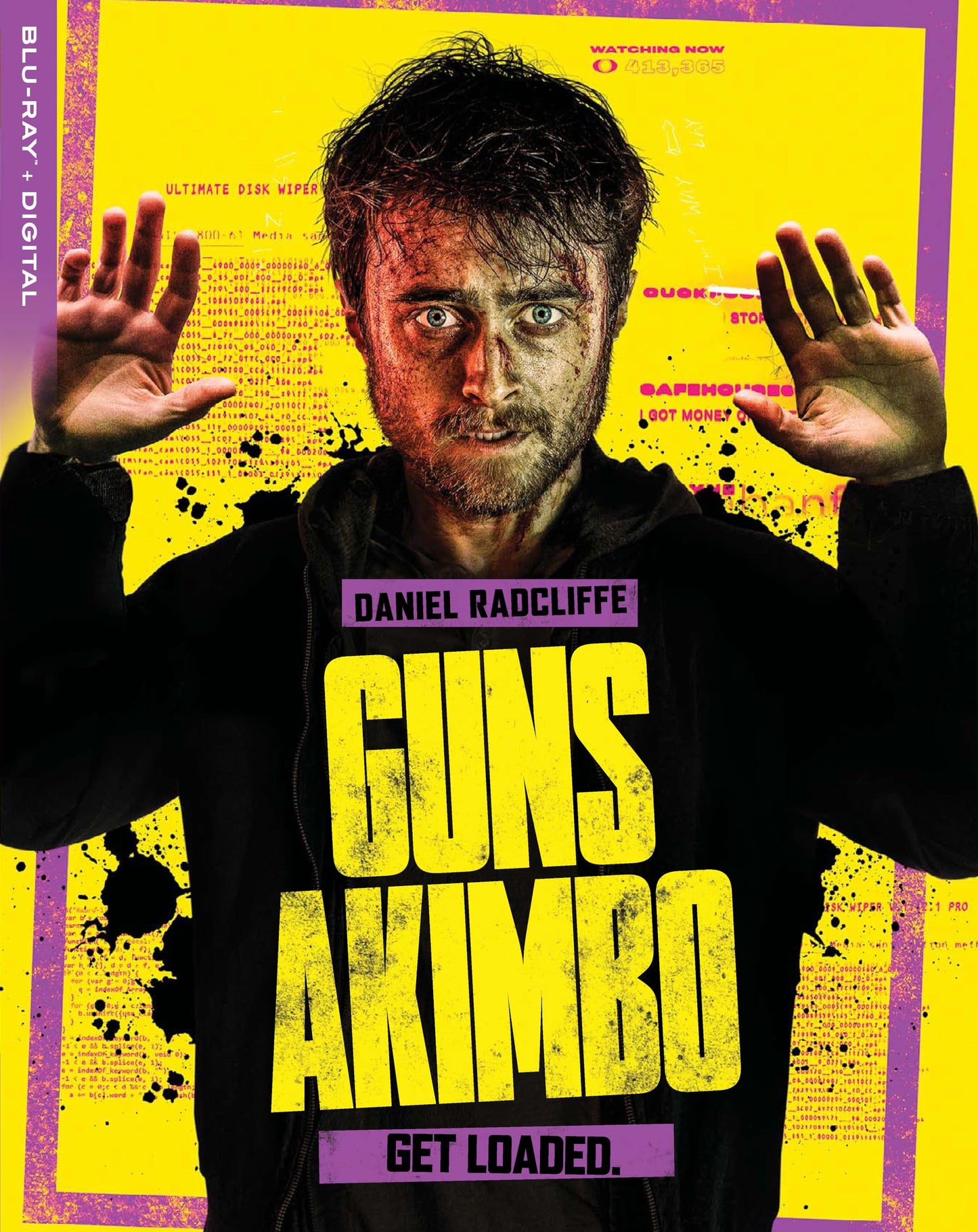 Guns Akimbo" Blu-ray cover featuring Daniel Radcliffe with guns taped to his hands.