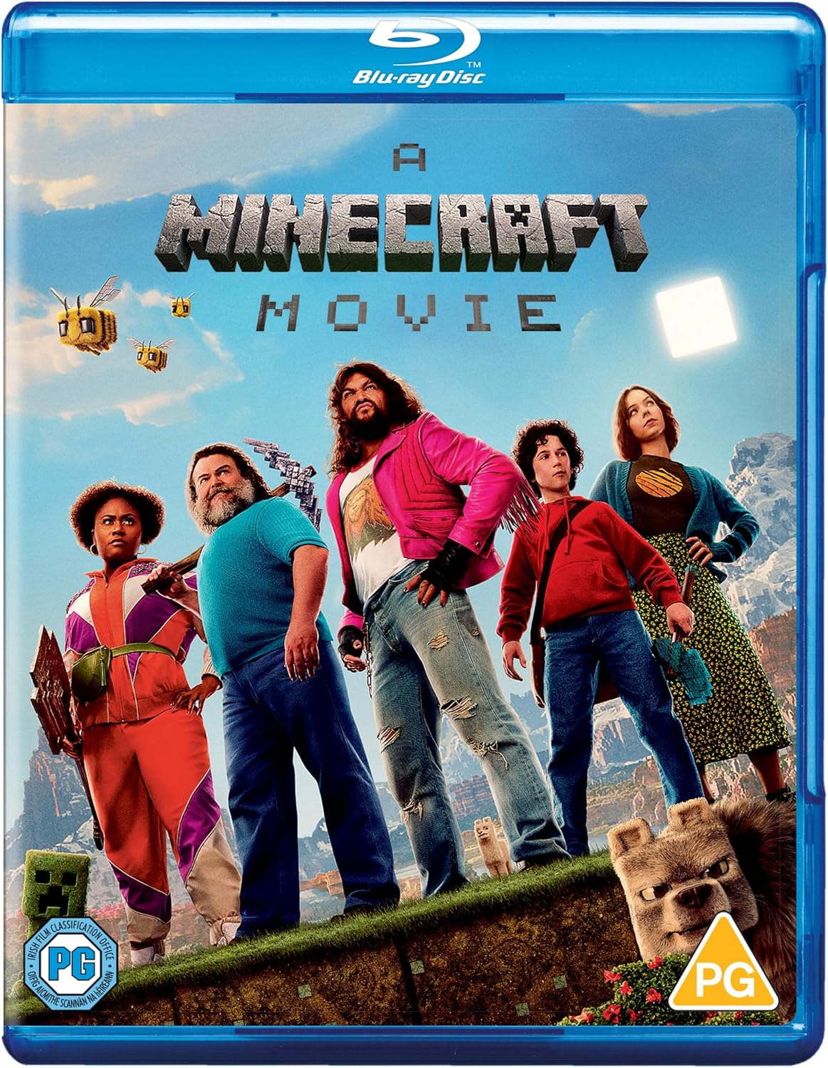 Blu-ray cover for "A Minecraft Movie" featuring the film's cast.