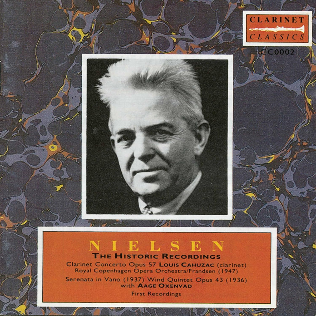CD cover featuring a portrait of composer Carl Nielsen with text details.