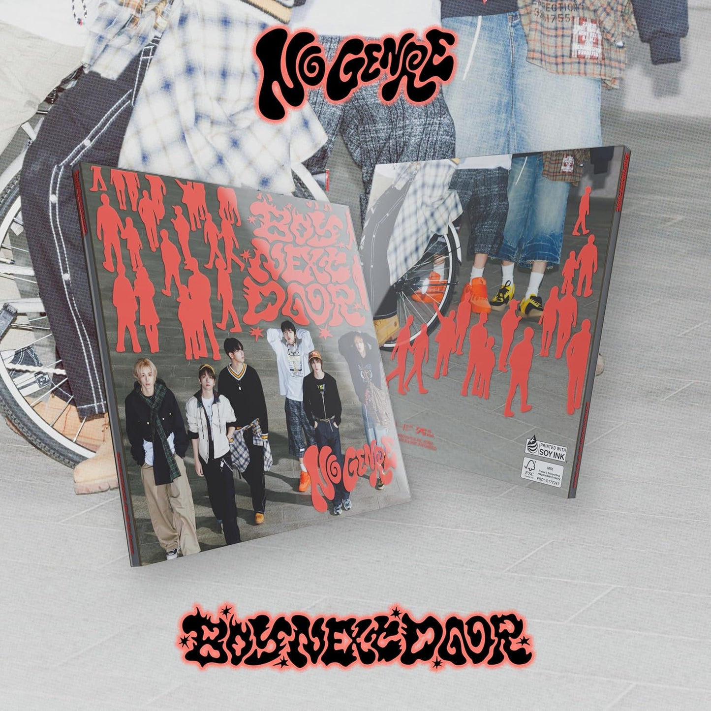 CD cover for Boynextdoor’s “no Genre” featuring group portrait and bicycle.