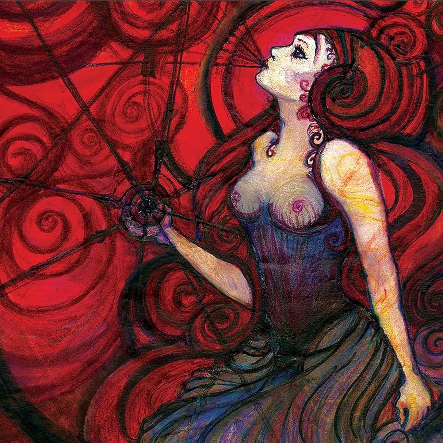 Painted album cover featuring a pale woman looking upwards amidst red swirls.