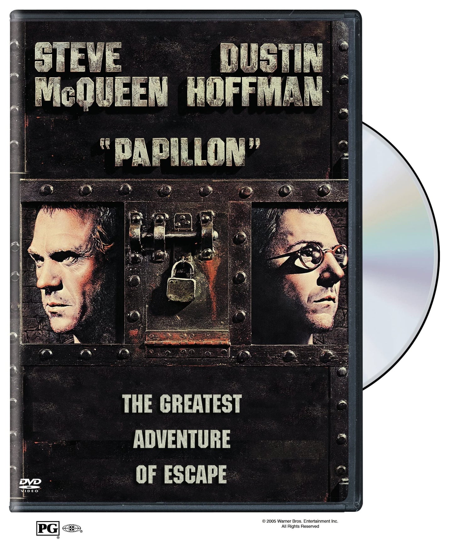 “Papillon” DVD cover featuring Steve McQueen and Dustin Hoffman behind bars.