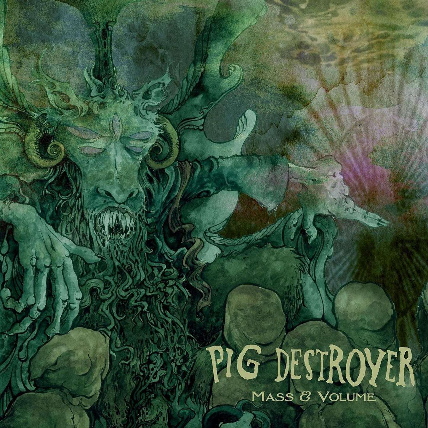 Album cover for Pig Destroyerās āMass & Volumeā featuring grotesque, green artwork.