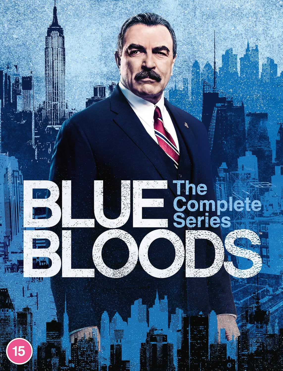 “Blue Bloods” DVD cover featuring Tom Selleck and a New York City skyline.
