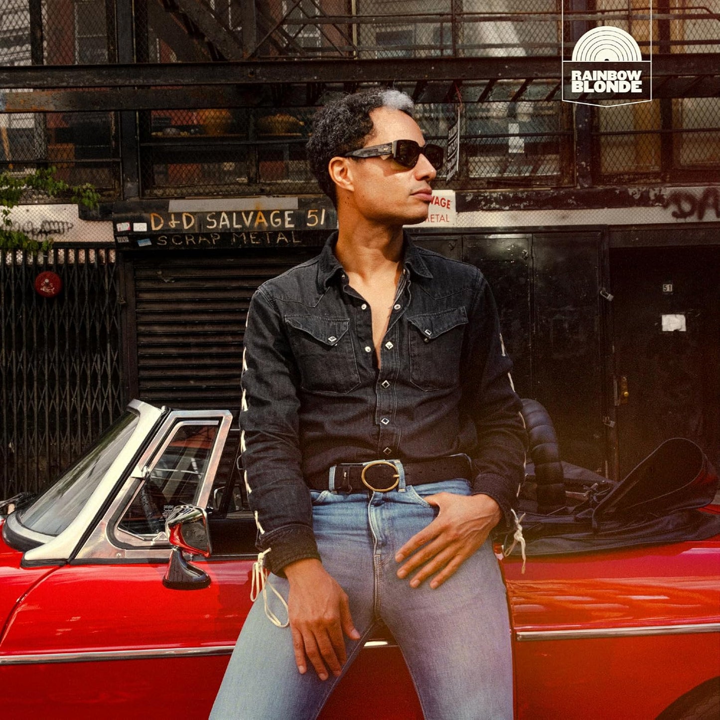 Vinyl album cover featuring a man in denim leaning on a red car.