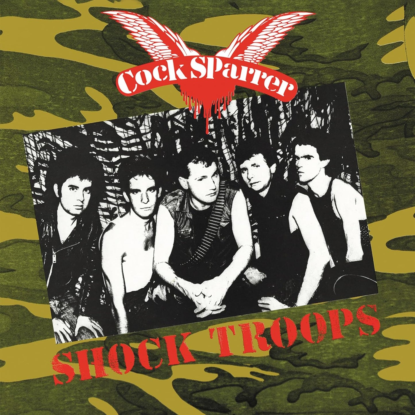 Gatefold vinyl record cover for Cock Sparrer's Shock Troops featuring a band portrait.