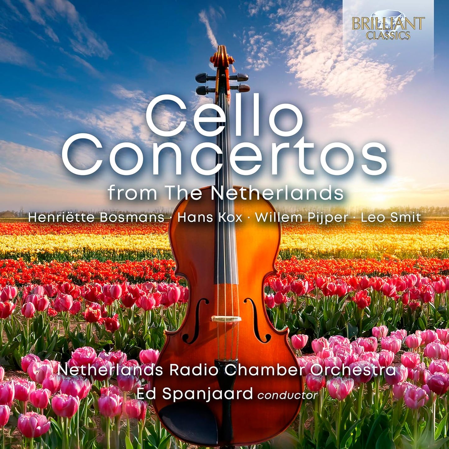 CD cover: cello, tulips, blue sky, and text “Cello Concertos from The Netherlands”.