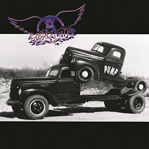 Aerosmith's "Pump" album cover: black and white truck balanced on wheels.
