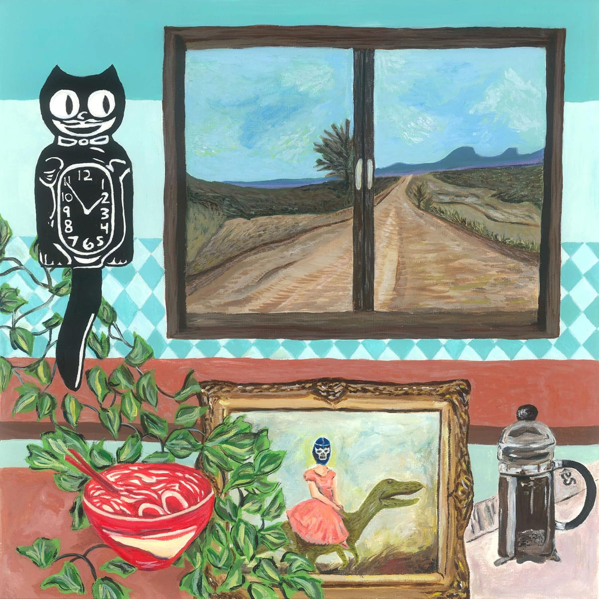Painting of a black cat, window scene, and still life with framed portrait.