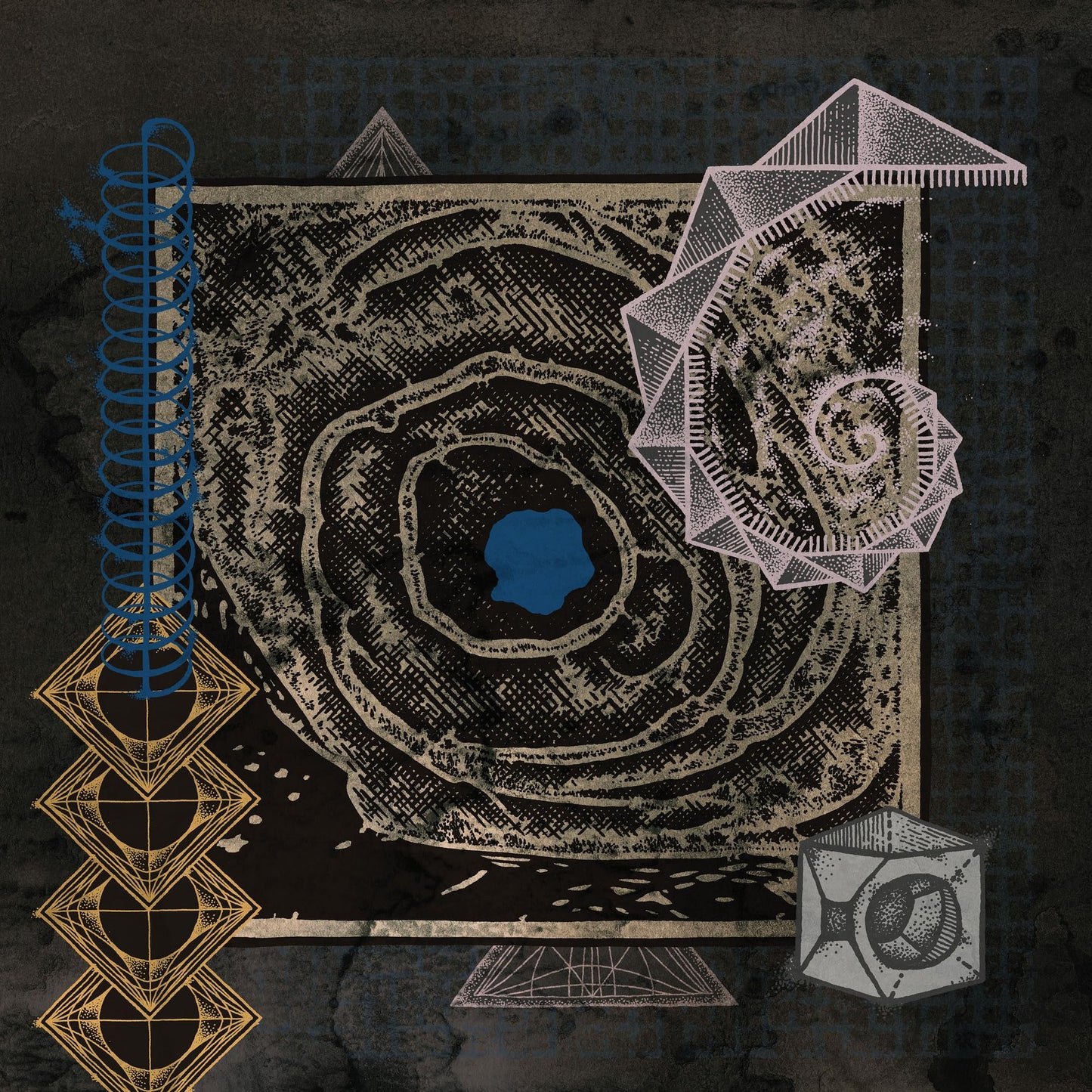 Abstract collage featuring a central dark spiral, blue circle, geometric shapes, and line art.