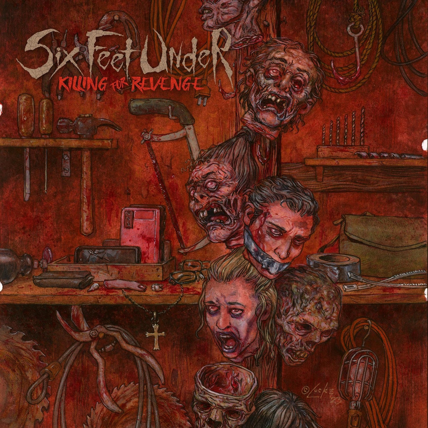 CD cover art: grotesque, illustrated scene of severed heads and torture devices.