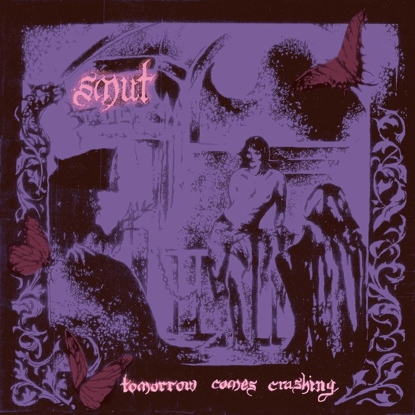 Purple album cover for "Smut - Tomorrow Comes Crashing" with figures and floral designs.