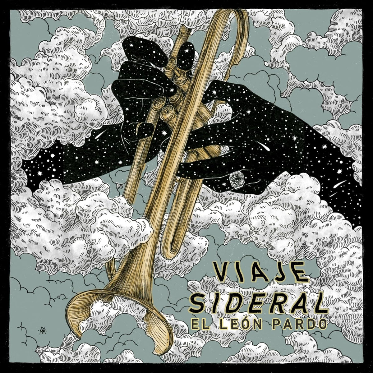 Hand-drawn album cover featuring a trombone emerging from starry clouds.