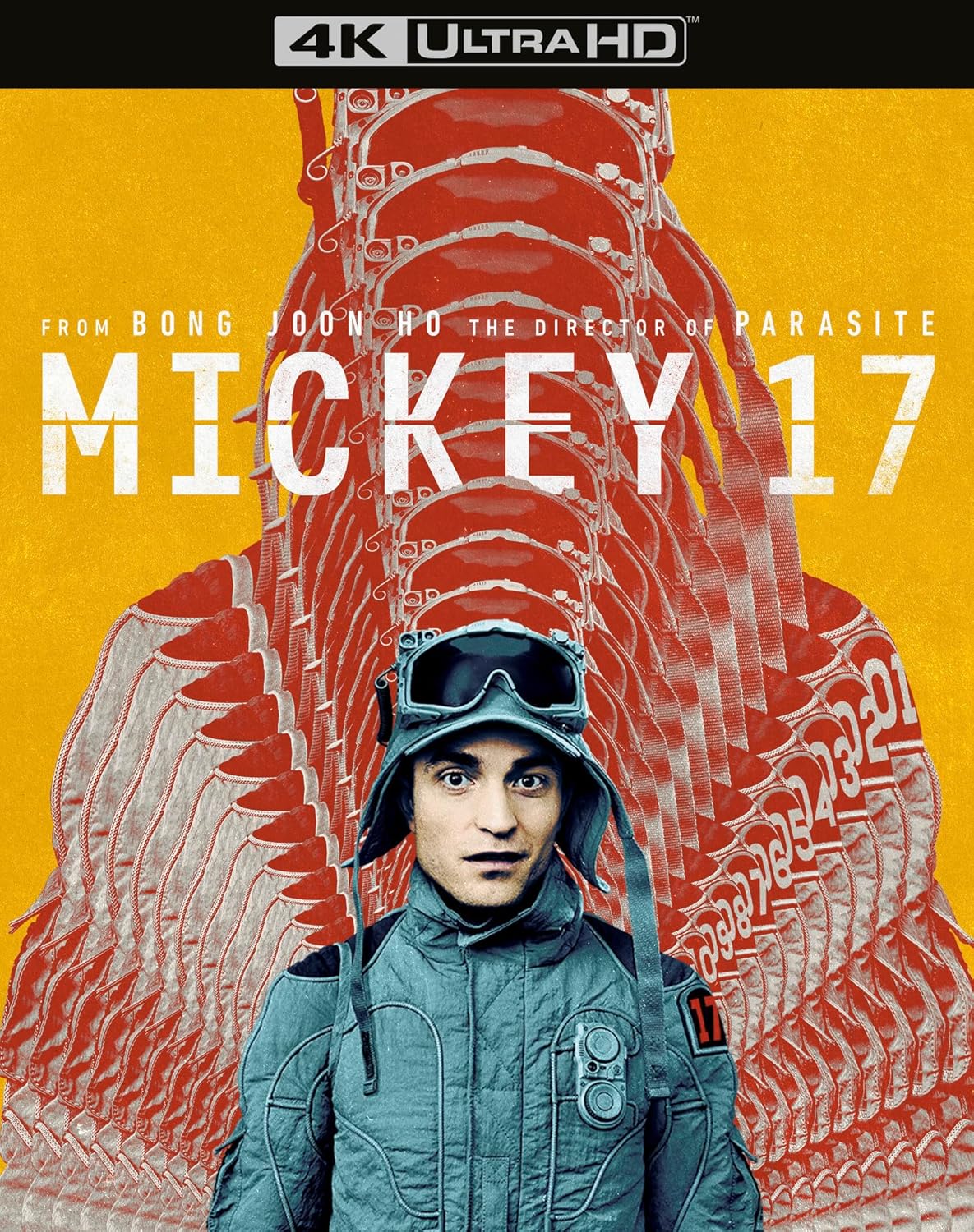 “Mickey 17” Blu-ray cover featuring a man in a blue spacesuit and red background.