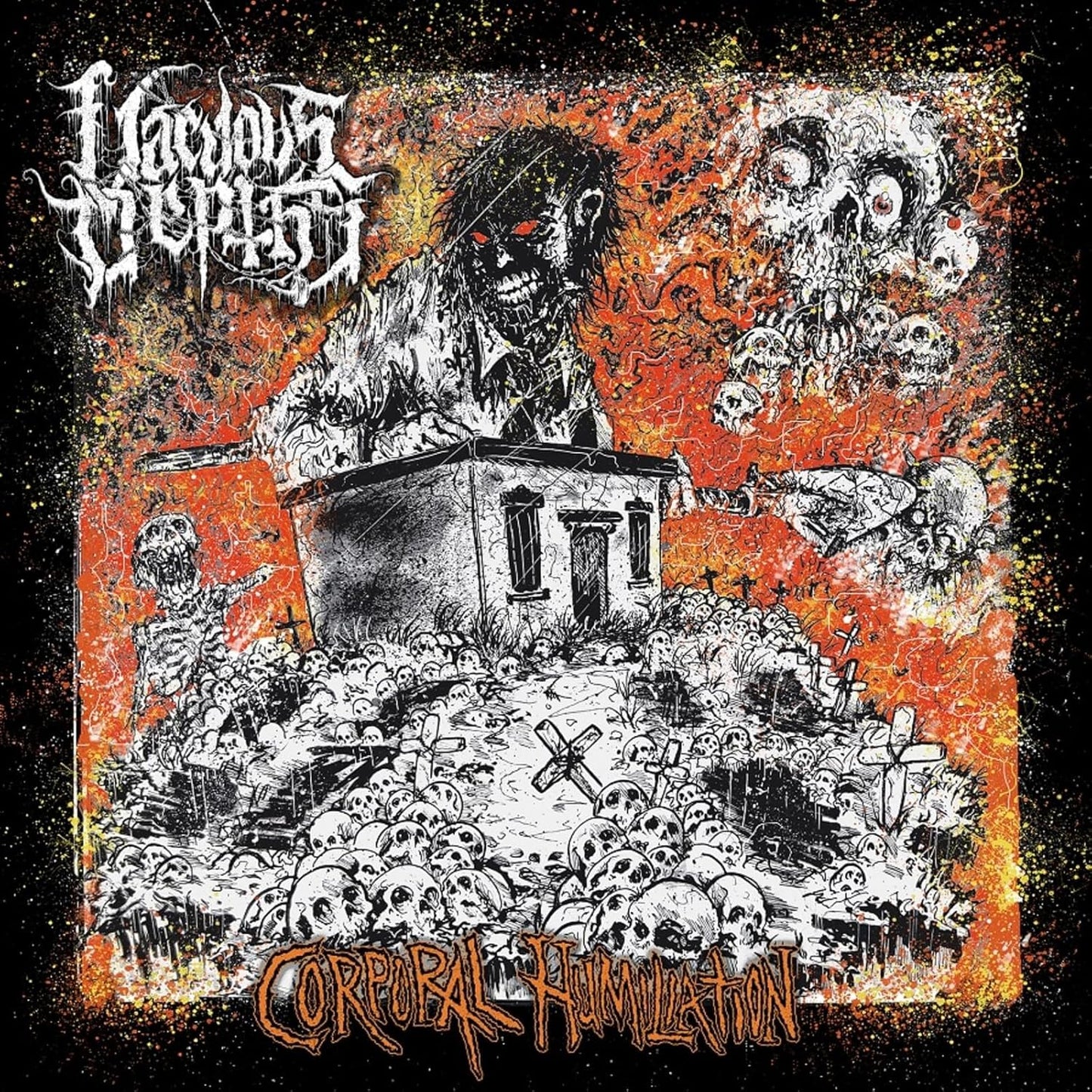 CD cover: grotesque figure looms over skulls and a dilapidated house.