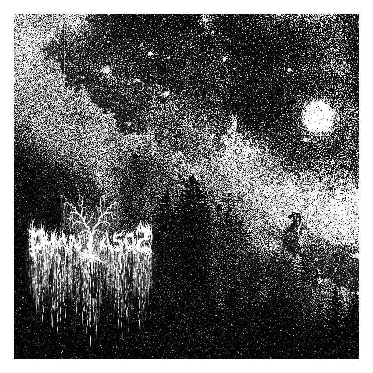 Black and white album cover with a forest scene and band name.