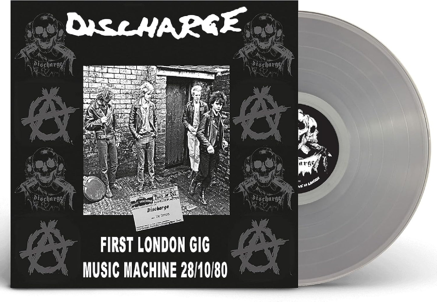 Discharge vinyl record cover with band photo and anarchy symbols.