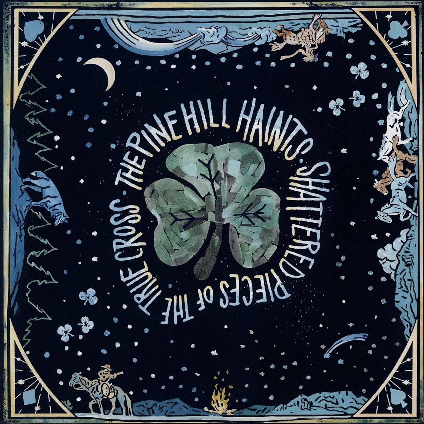 Vinyl record cover: dark blue with a fractured clover and text.