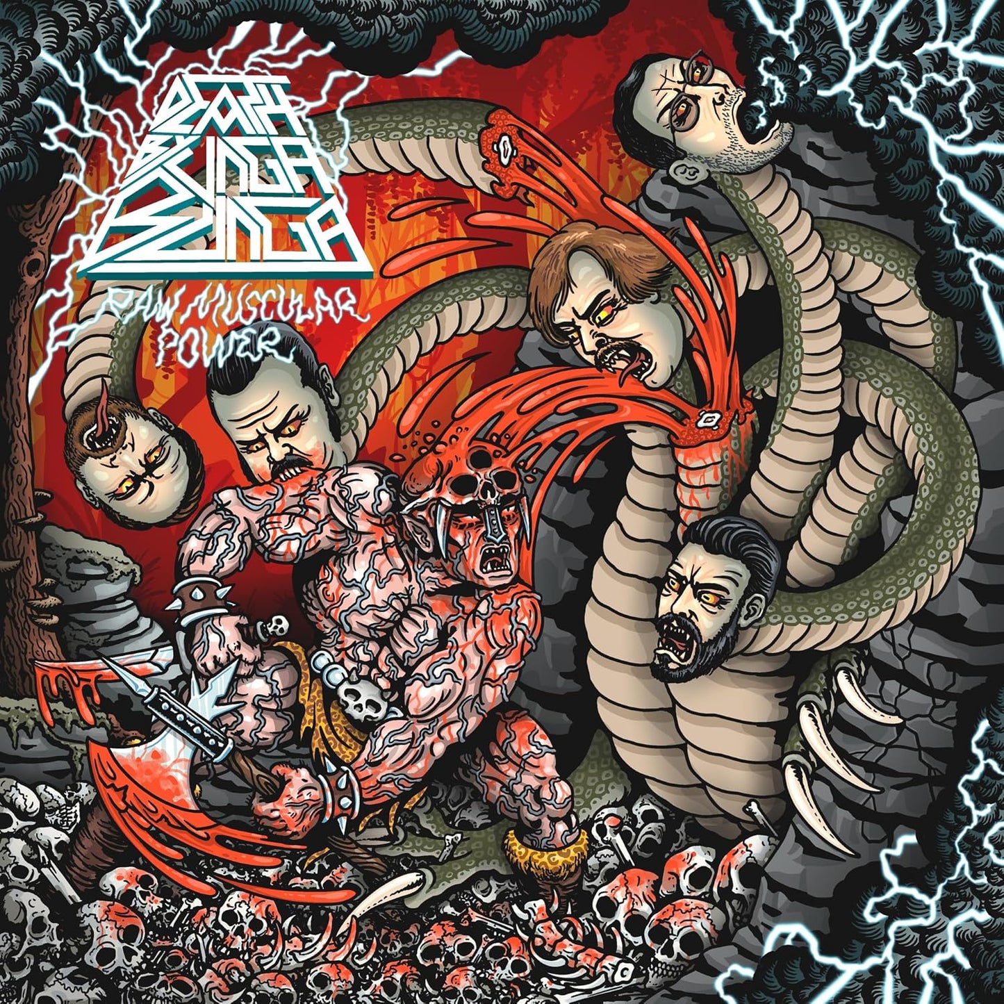 CD cover with illustrated muscular figures, snakes, skulls, and lightning.