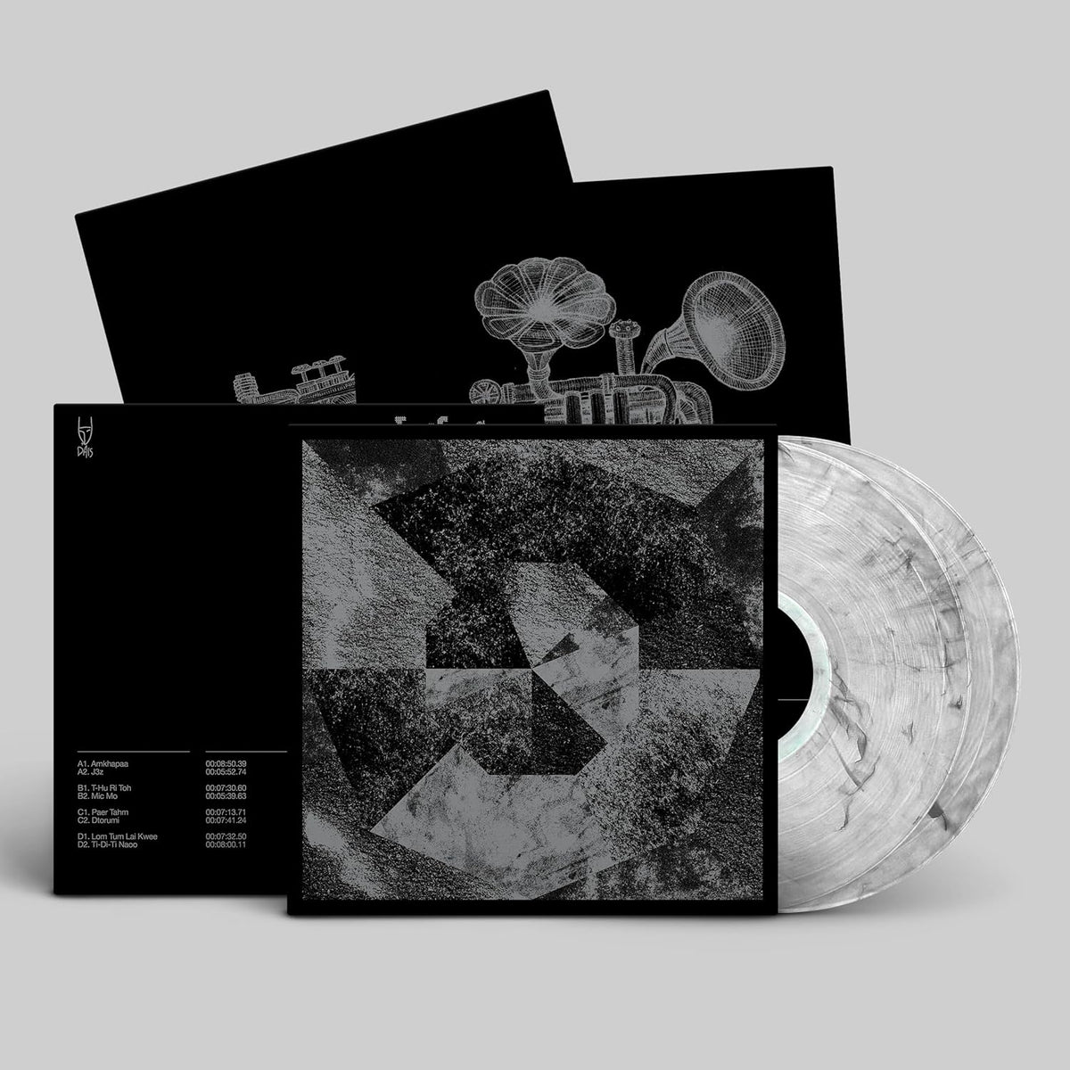 Vinyl record with abstract black and white cover art, featuring a gramophone.