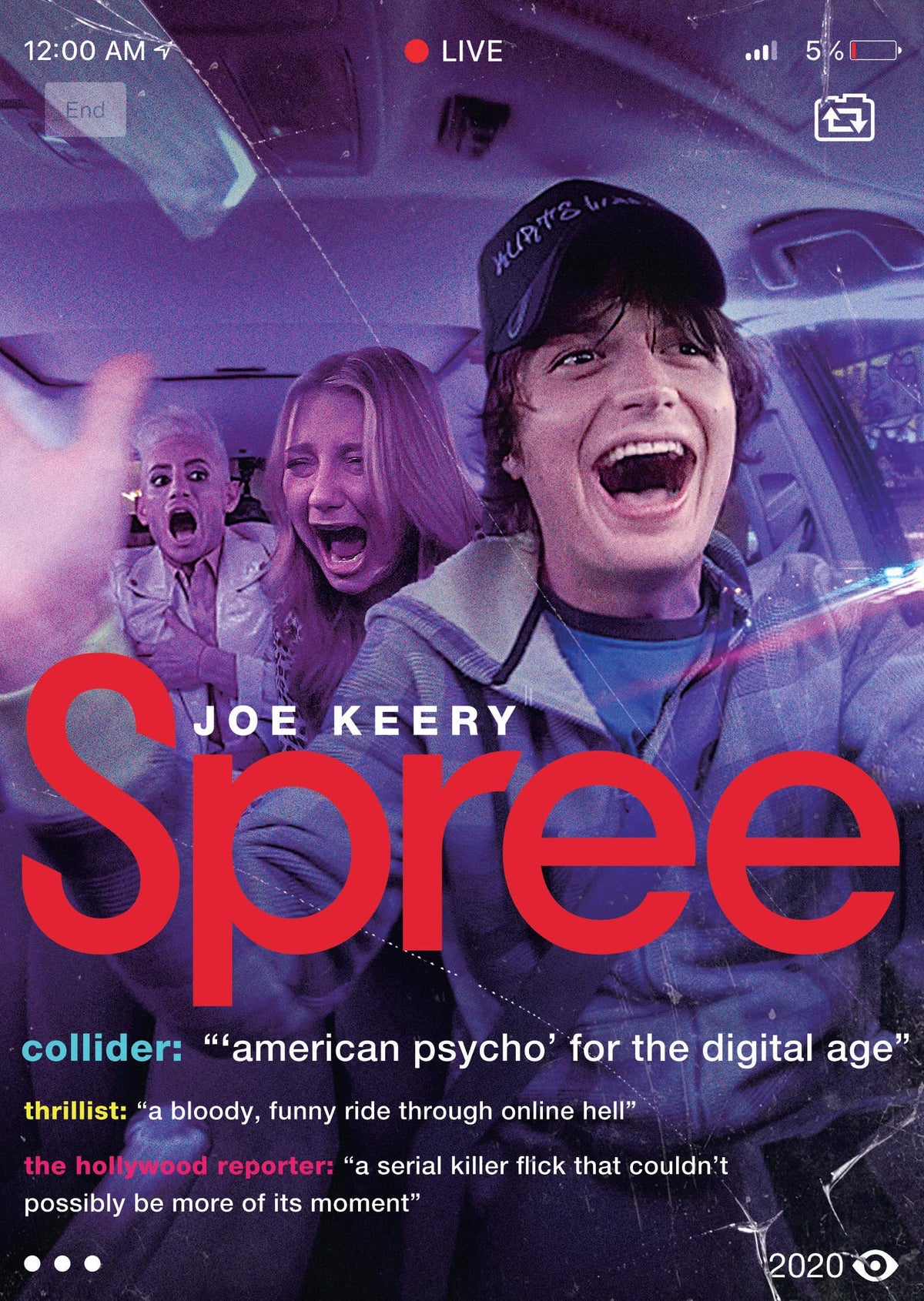 Movie poster for "Spree" featuring three terrified faces and large red text.