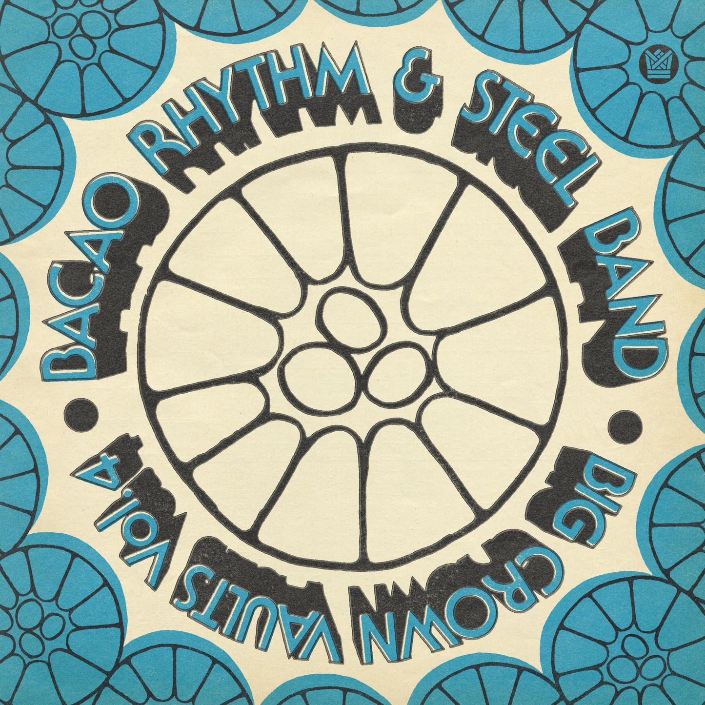 Vinyl record label with circular design, band name, and floral patterns.