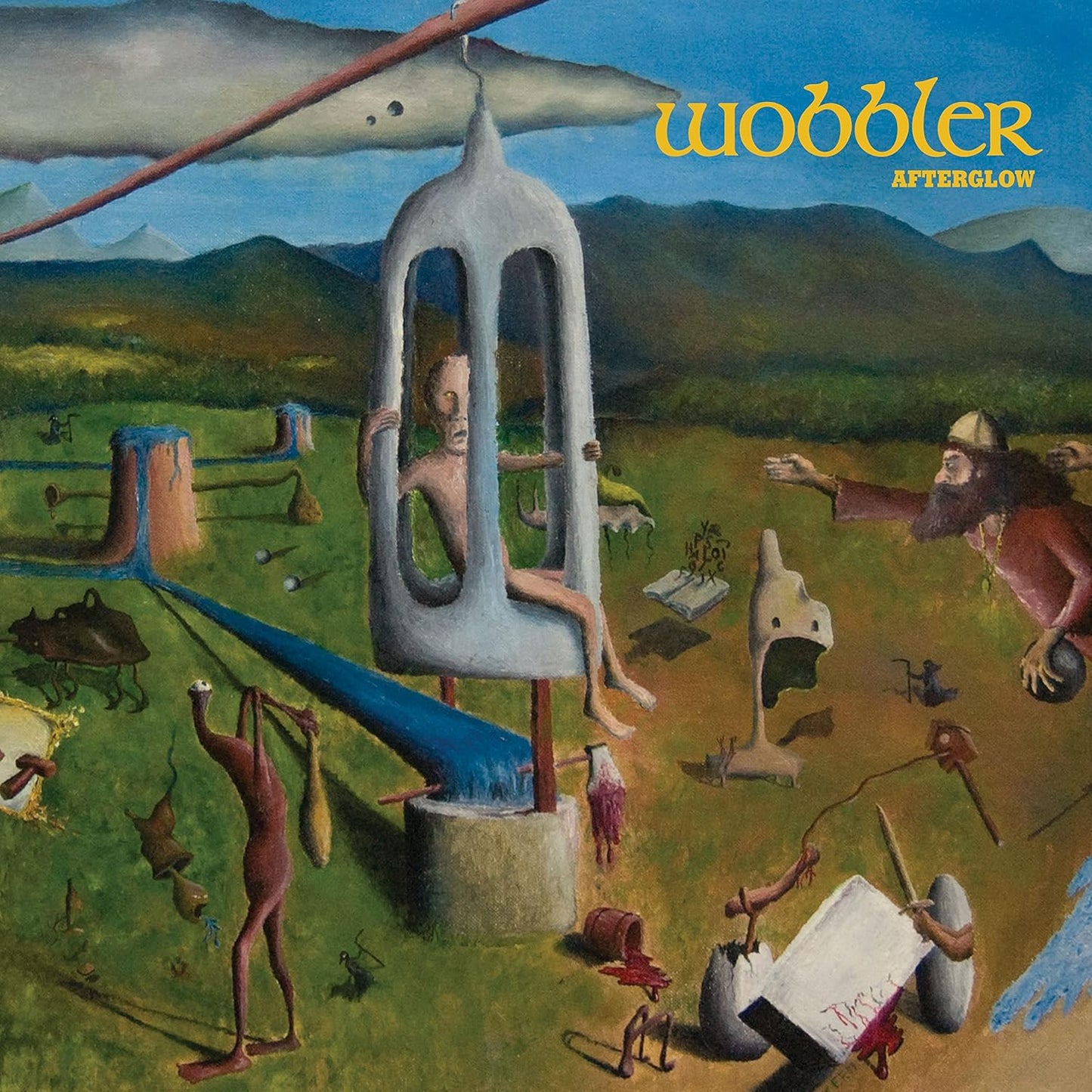 Surreal album cover depicting a man in a glass tube amidst figures.