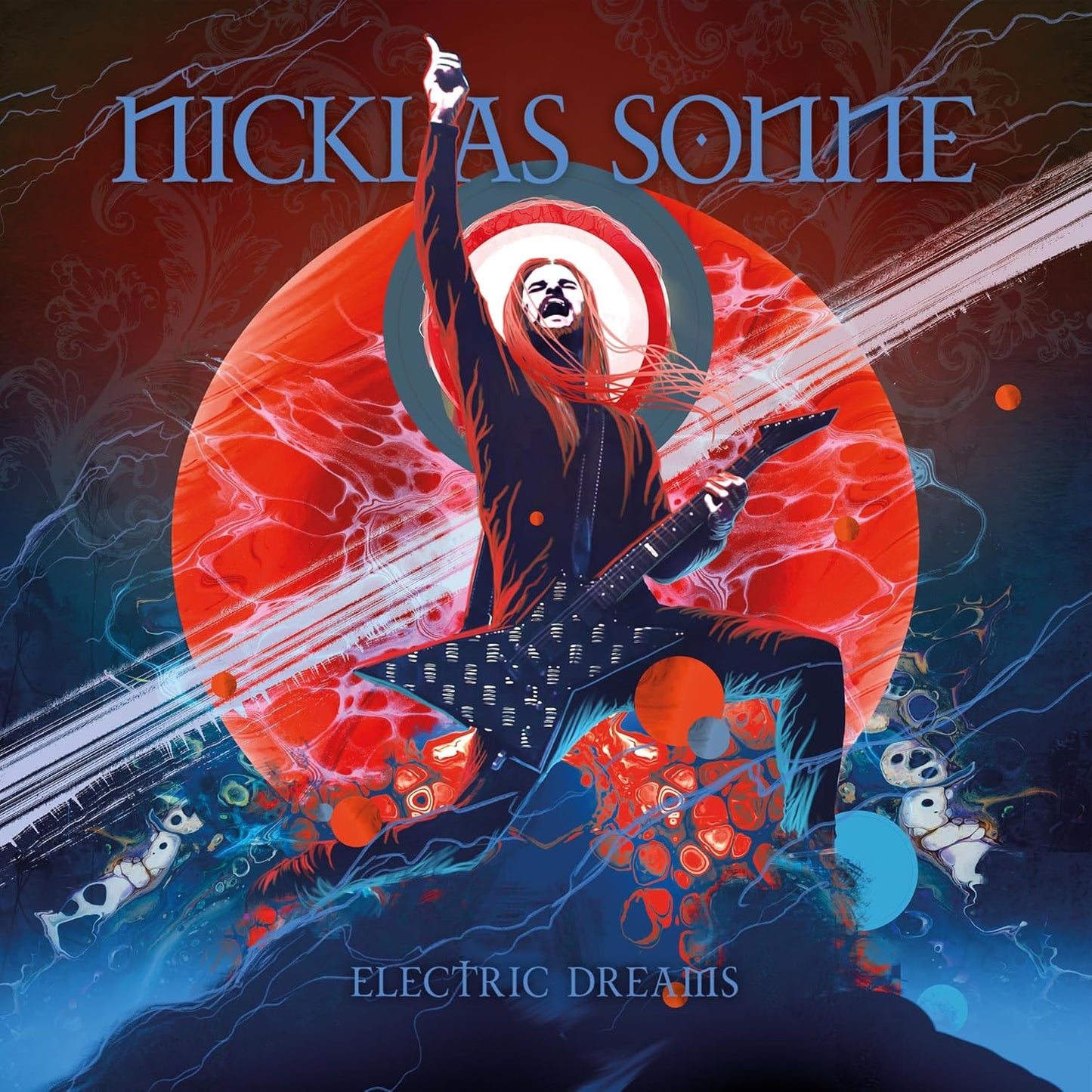 CD cover: guitarist silhouetted against a red and blue abstract design.