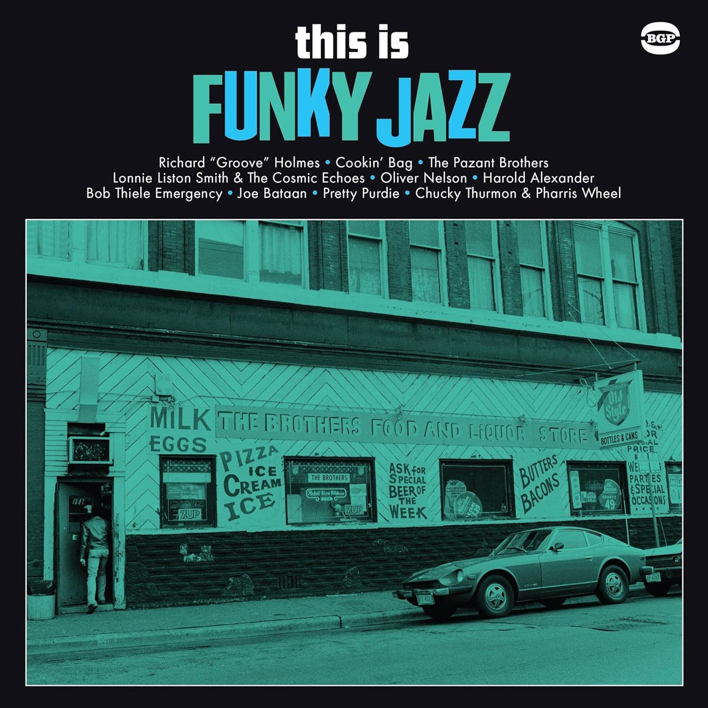 Vinyl record cover: "This Is Funky Jazz" with a storefront scene.