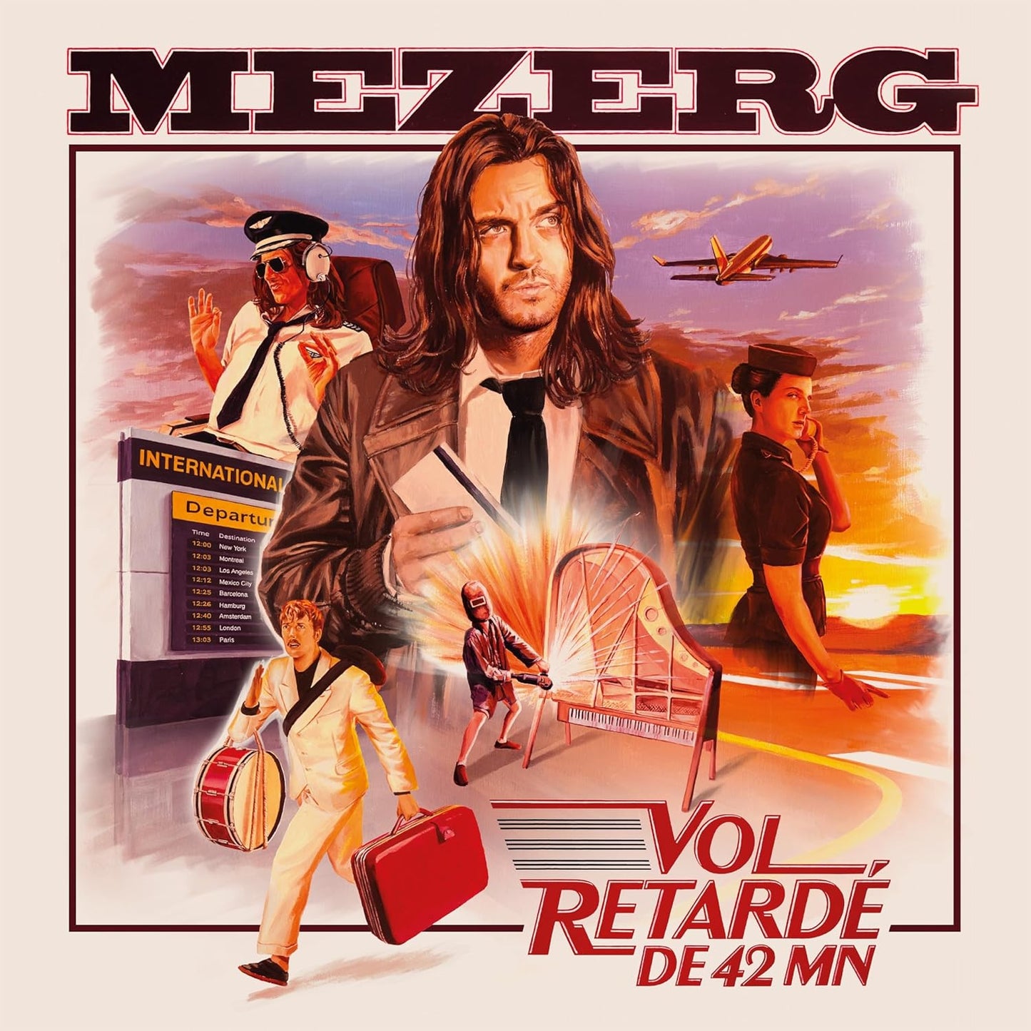 CD cover: Man with luggage, airplanes, and a departure schedule background.