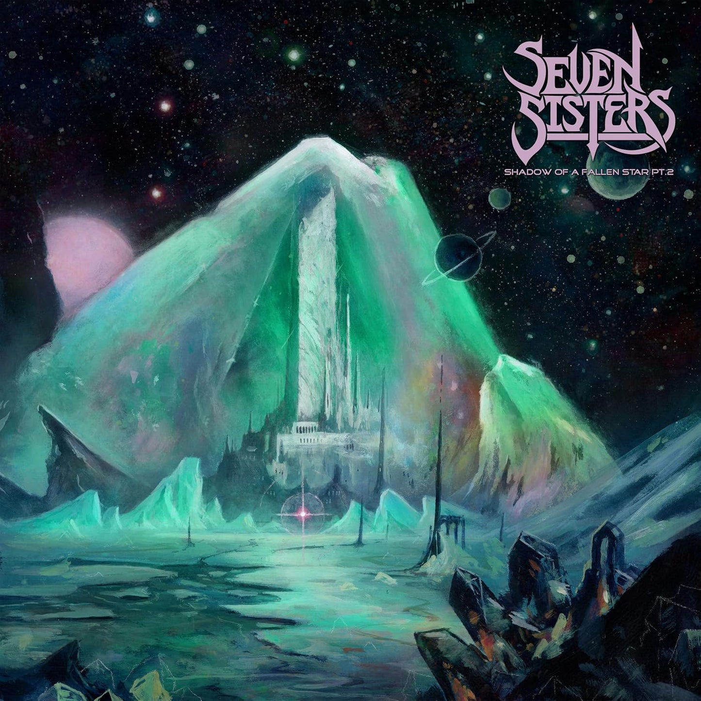 Album cover: green crystalline landscape with a futuristic city.