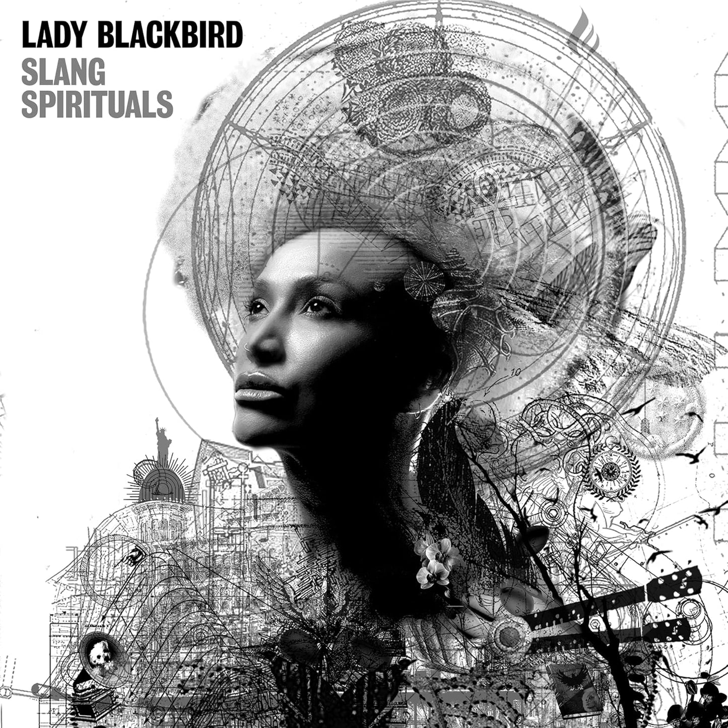Black and white album cover featuring a woman’s profile with intricate designs.