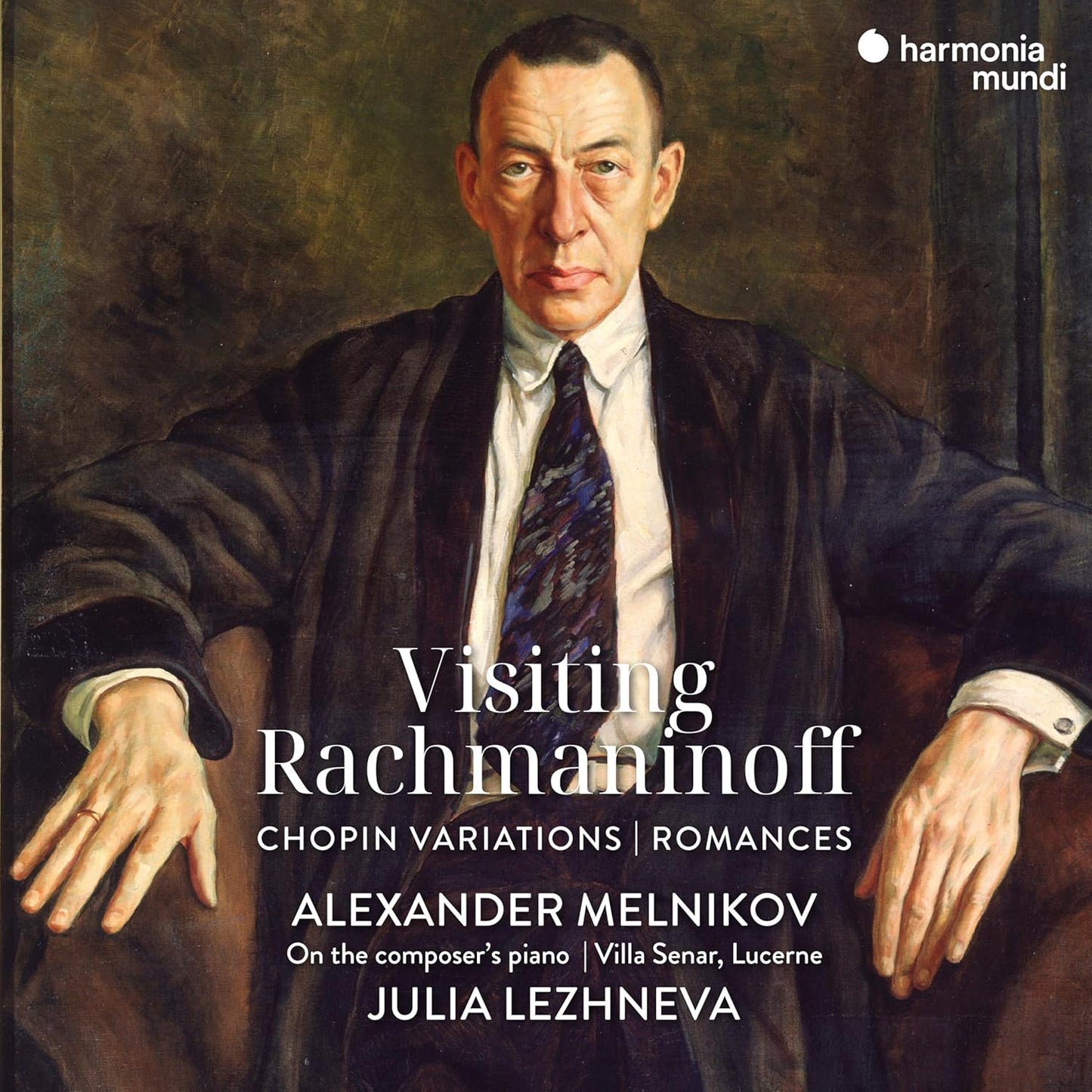 Portrait of Sergei Rachmaninoff on CD cover, with text and logos.
