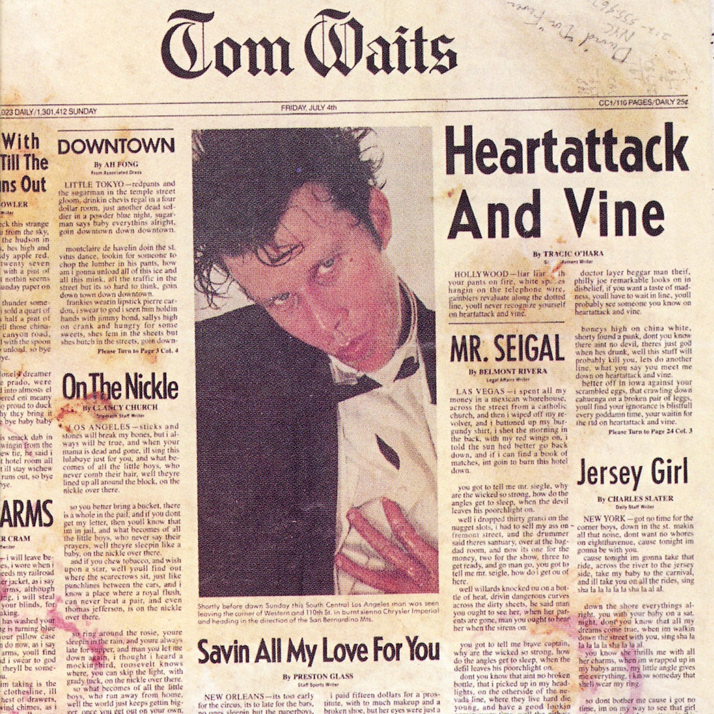 Album cover for Tom Waits Heartattack and Vine designed to look like a newspaper.