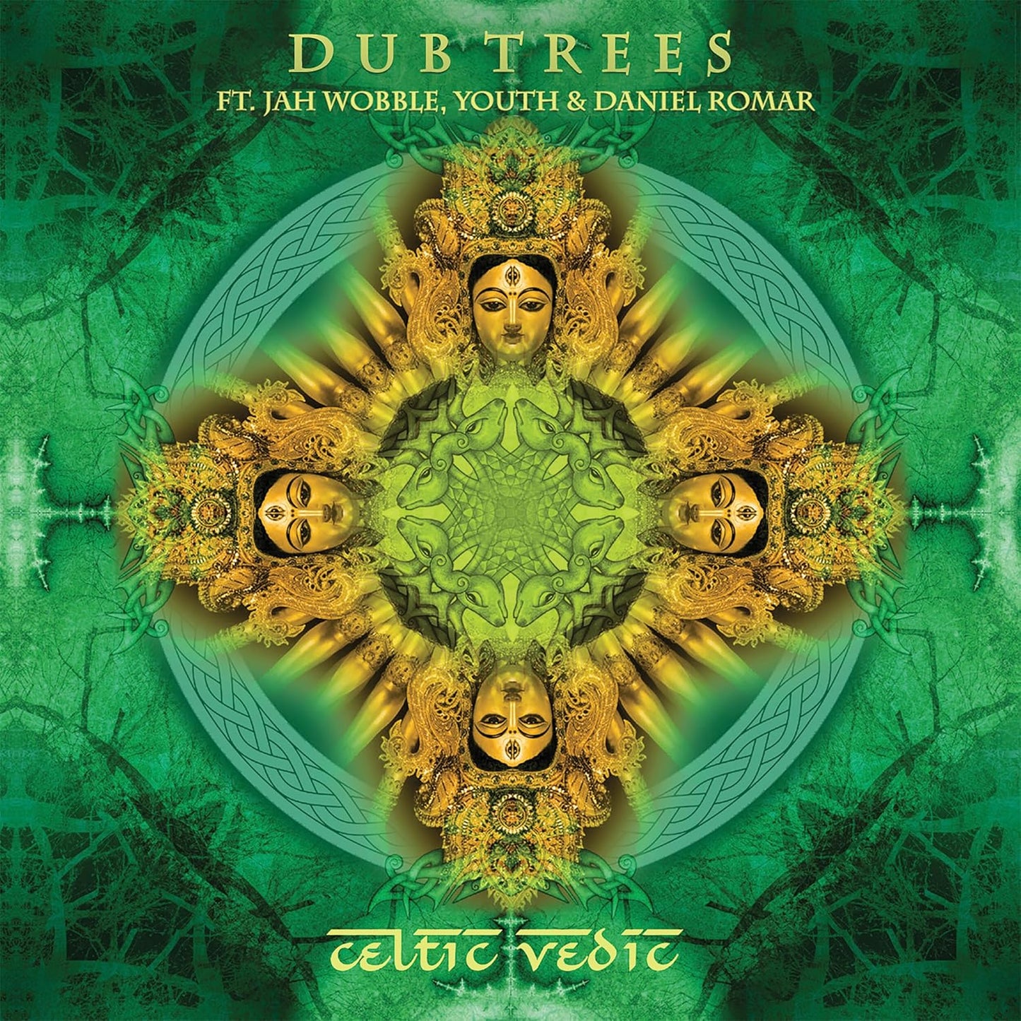 CD cover: green and gold mandala with faces and Celtic knotwork.