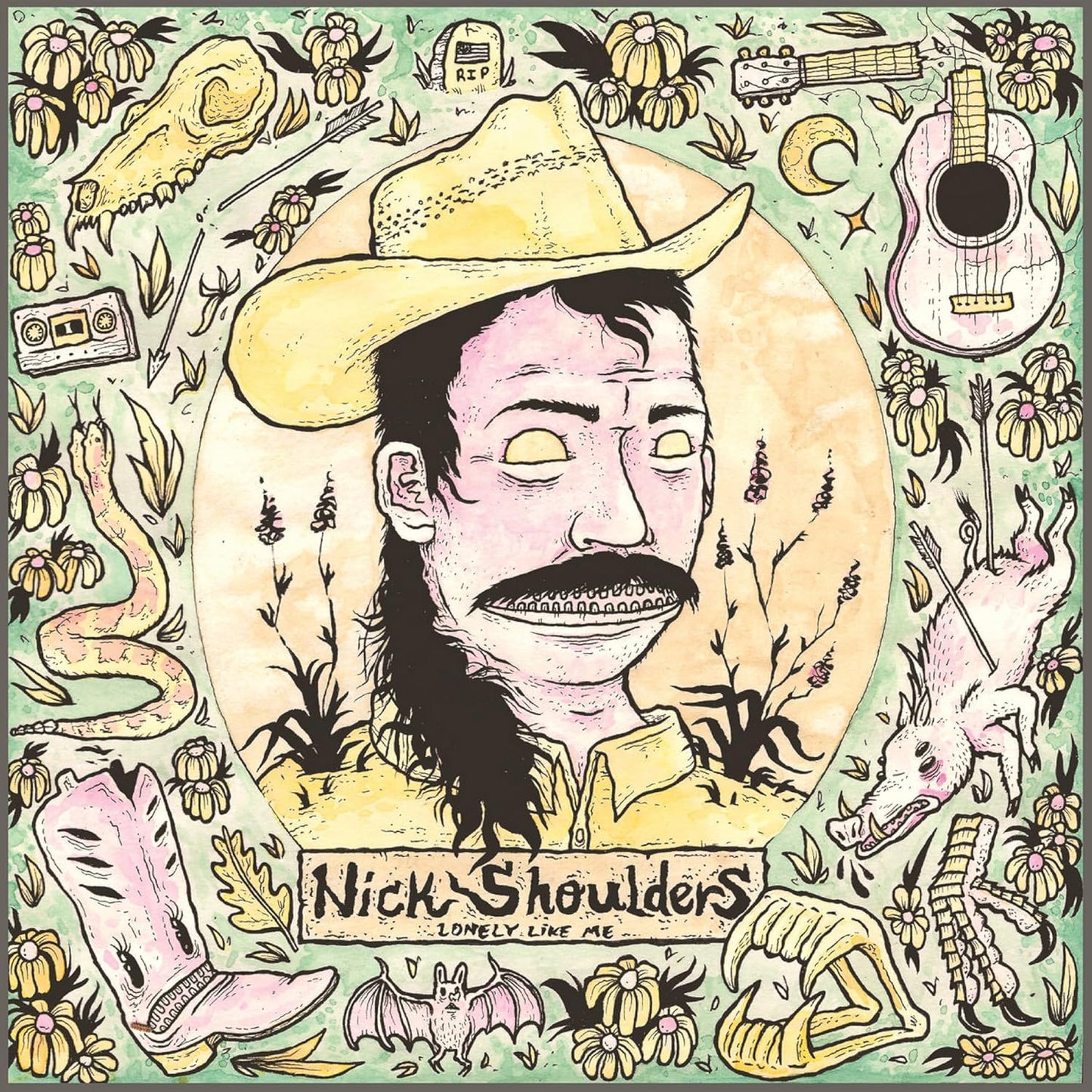 Album cover: illustrated portrait of Nick Shoulders with floral and western motifs.