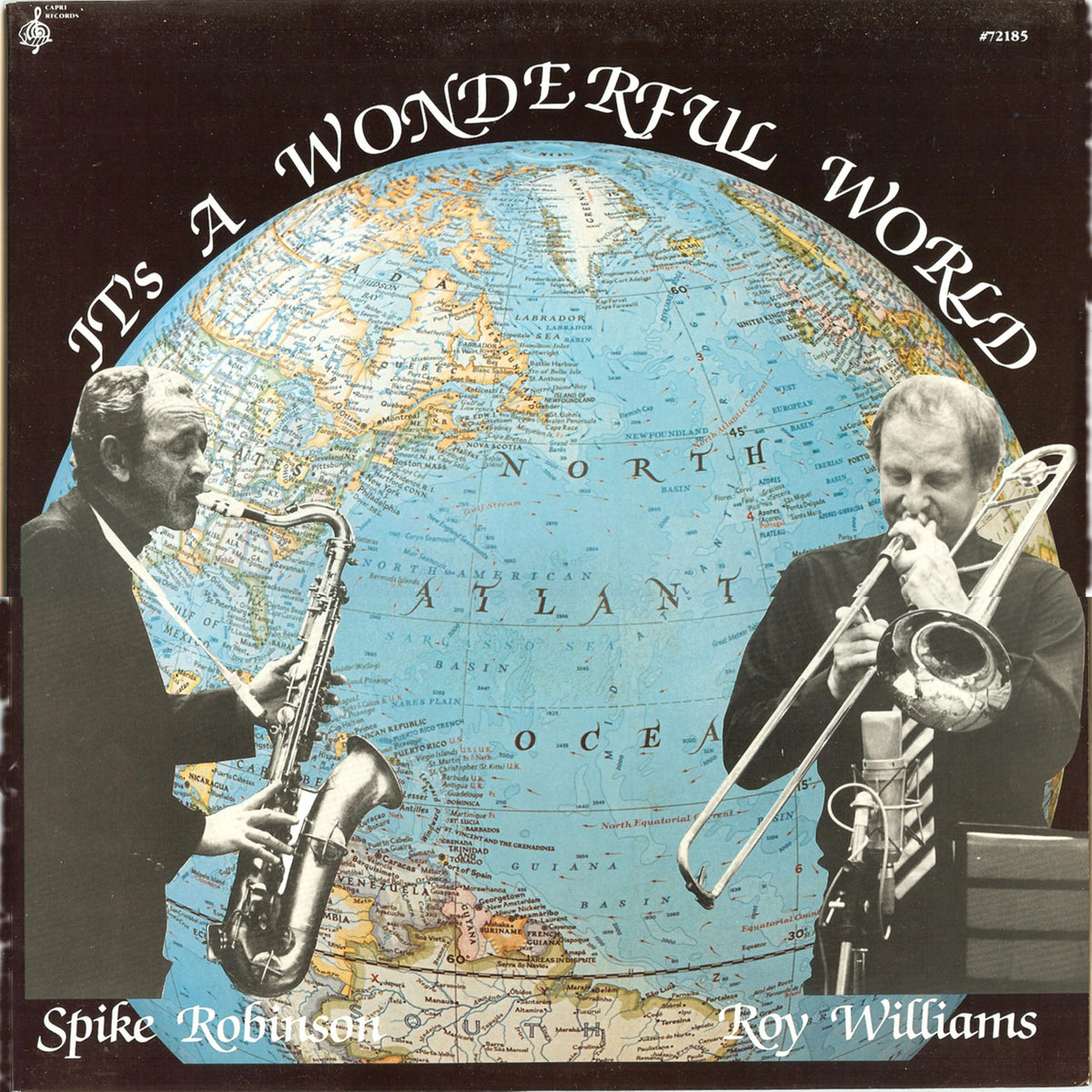 Vinyl record cover: musicians with a vintage world map background.