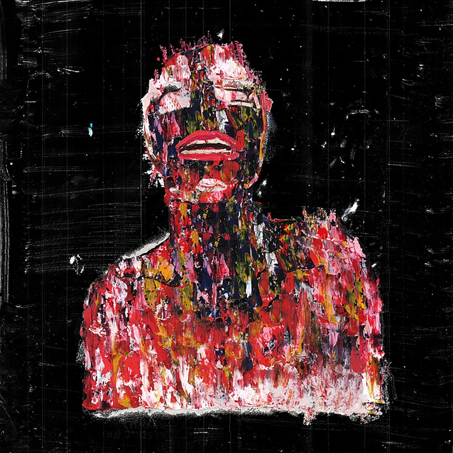 Abstract painting of a face in red, white, and black brushstrokes.