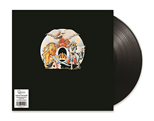 Queen's "A Day at the Races" vinyl record with heraldic imagery.