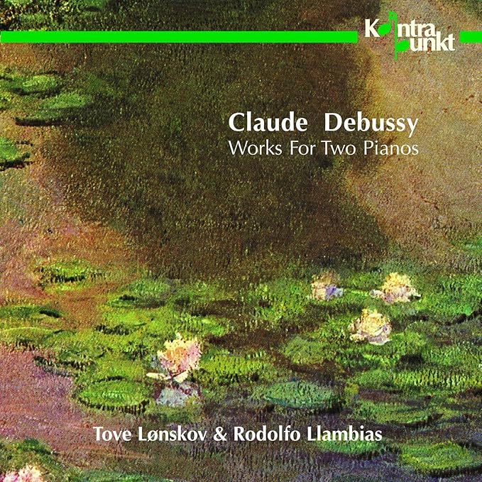CD cover featuring Claude Debussy Works for Two Pianos with a water lily painting.