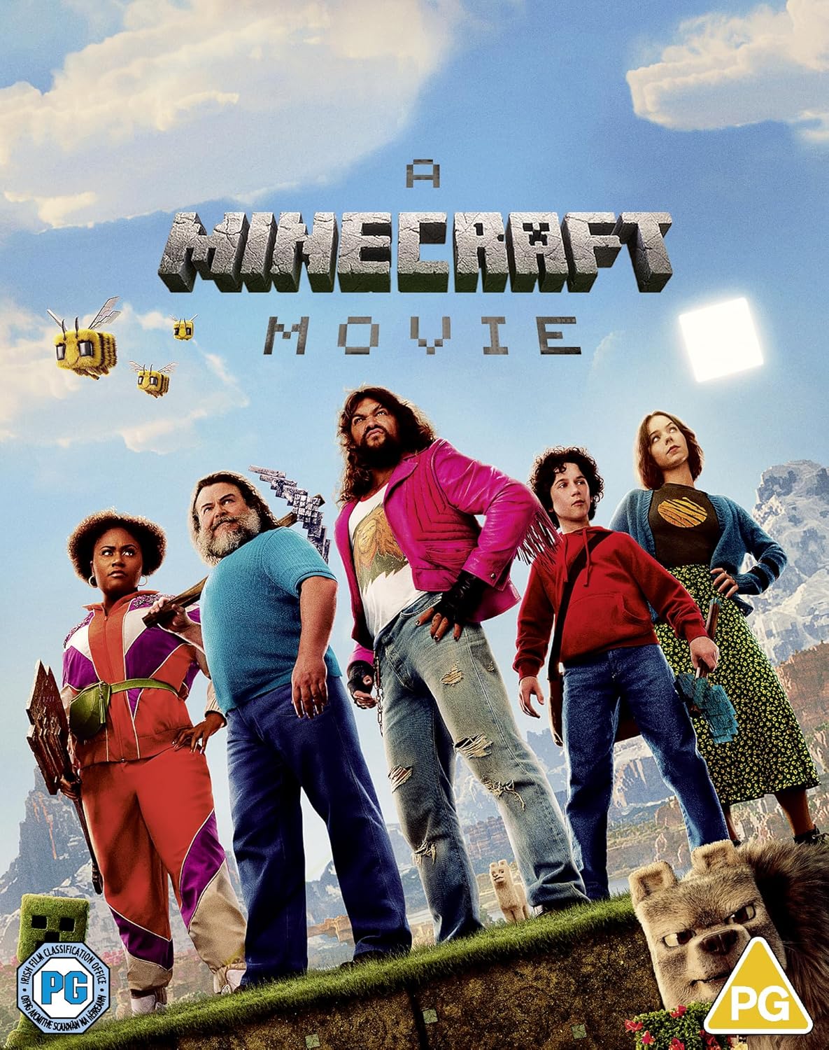 “A Minecraft Movie” Blu-ray cover featuring five people in a grassy landscape.