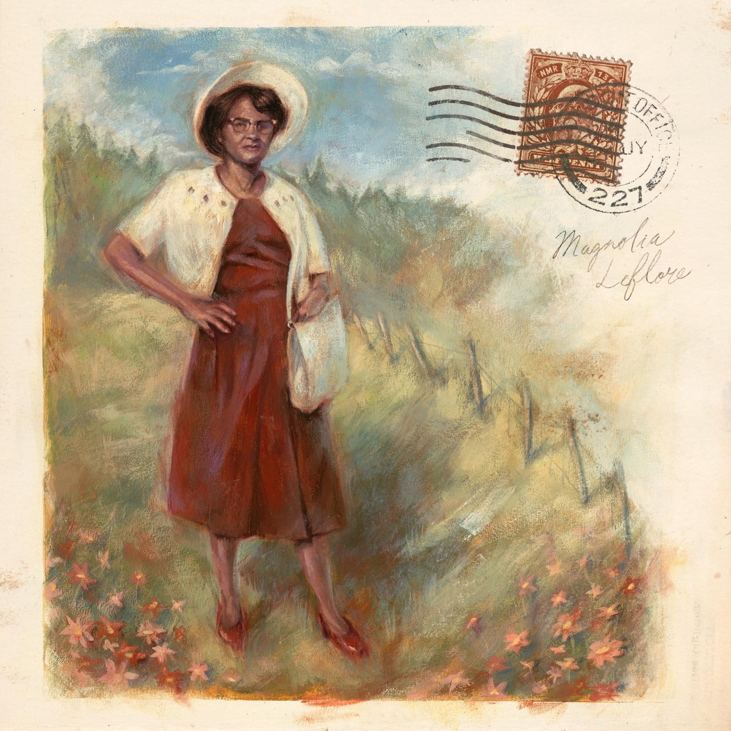 Painted portrait of a woman in a red dress, with floral background.