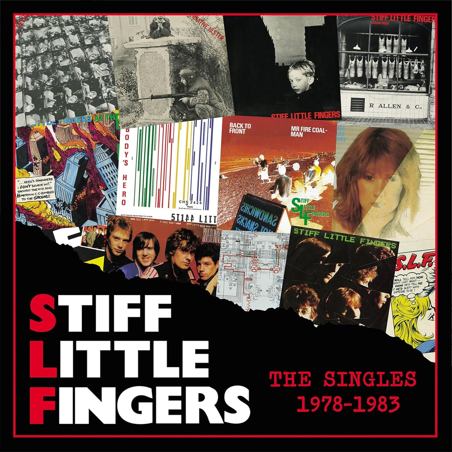 CD cover for Stiff Little Fingers’ singles compilation, 1978-1983, collage style.