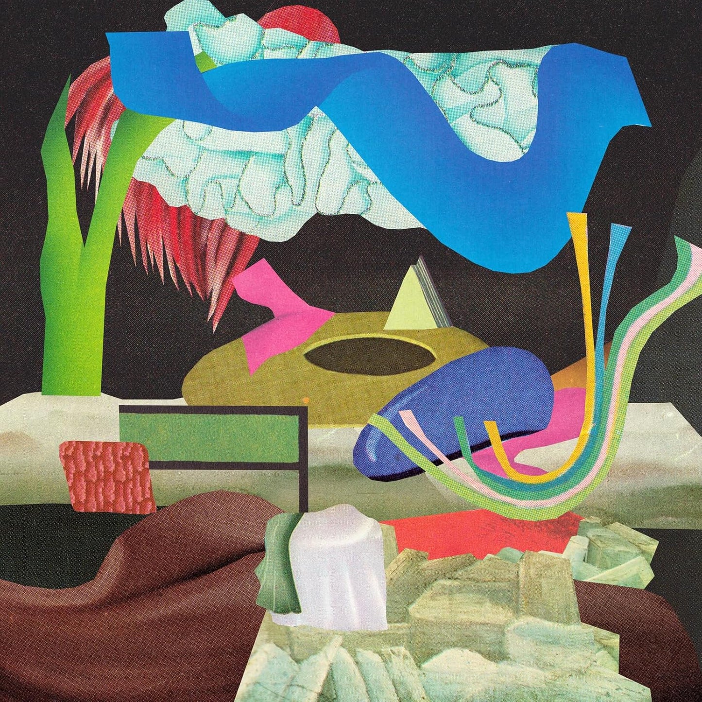 Abstract collage album cover with blue figure, red shapes, and green plant.