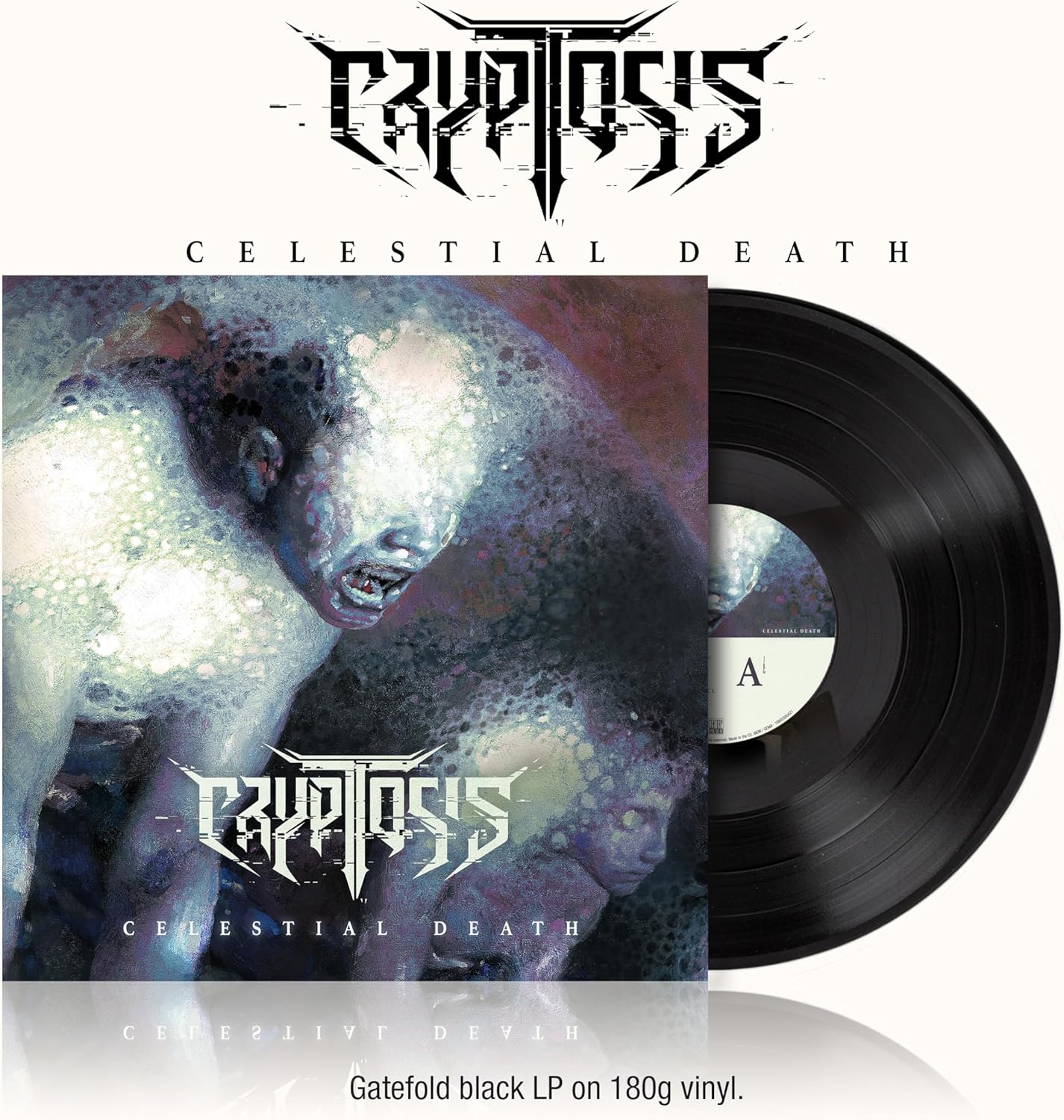 Cryptosis “Celestial Death” vinyl record with unsettling cover art.